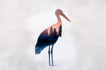 Double exposure silhouette of stork filled with forest texture on pale background