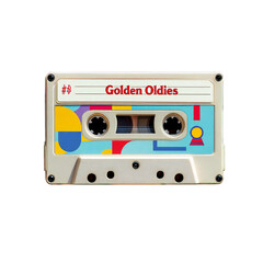 Naklejka premium Vintage cassette tape labeled golden oldies with colorful abstract geometric pattern, isolated on transparent background