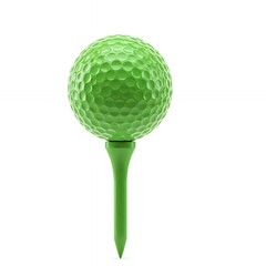 Glossy green golf ball on solid tee base with transparent dimpled surface, professional sports equipment photography on white