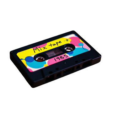 Vintage audio cassette tape labeled mix tape with the year 1985 written on it, isolated on transparent background