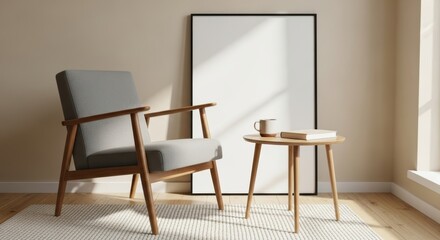 Elegant living room with modern armchair, blank art frame, coffee table, and cozy atmosphere
