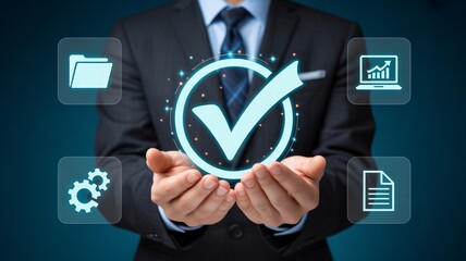 Businessman presenting successful project completion concept with check mark and digital icons