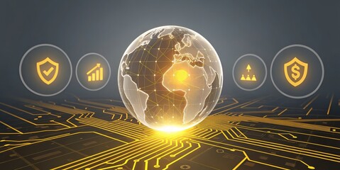 Global technology and finance concept with world map and security icons, modern design