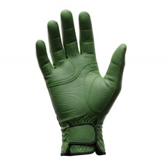 Premium forest green leather golf glove palm view showing ergonomic padding and perforated ventilation design for professional golfers
