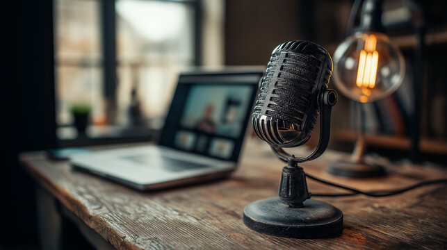 Connected voices: a studio microphone prominently featured, with a laptop open to a blurred video conference, and a vintage-style lamp casting a gentle light on a worn wooden desk, symbolizing remote 