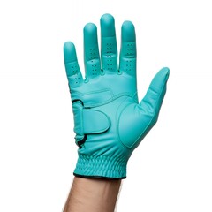 Turquoise blue leather golf glove with chevron textured grip pattern and perforated ventilation shown on hand for premium sports gear