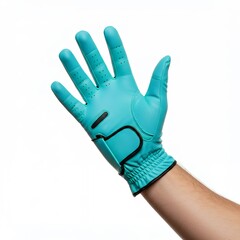 Back view of turquoise perforated golf glove showing breathable ventilation holes and adjustable closure system on male hand