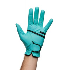 Professional turquoise golf glove with perforated leather design and adjustable wrist strap on male hand isolated white background