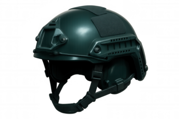 Military helmet resting on clean surface, displaying protective contours with transparent background for seamless digital graphic design use