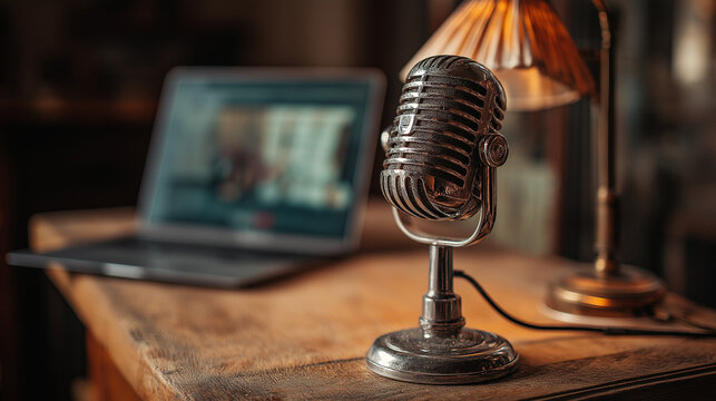 Connected voices: a studio microphone prominently featured, with a laptop open to a blurred video conference, and a vintage-style lamp casting a gentle light on a worn wooden desk, symbolizing remote 