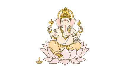 Lord Ganesha Illustration Seated on a Lotus With Traditional Indian Symbols