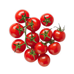 Cluster of vibrant, round cherry tomatoes, connected by stems, displayed against a plain black background