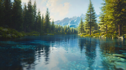 Picturesque river meandering through dense woods surrounded by majestic trees and nature's beauty