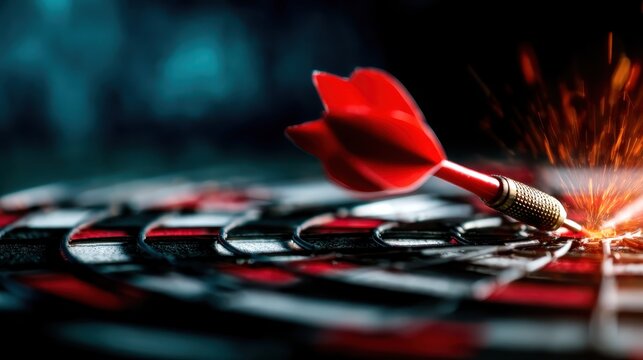 An intense image of a dart piercing through the bullseye, surrounded by sparks, representing focus and precision, great for capturing attention in competitive or gaming contexts.