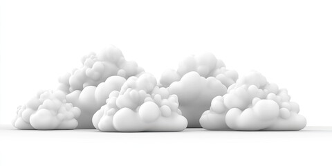 Stylized, 3D rendered white clouds against a white background.  A group of puffy, cartoon-like clouds