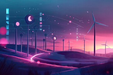 Futuristic wind farm at dusk, with glowing technology