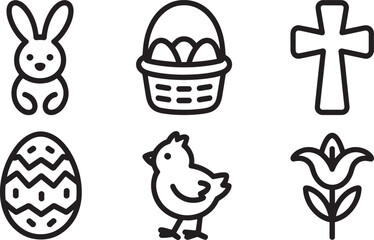 Springtime Icons Set Bunny Basket Eggs Cross Chick Flower Outline Style on Transparent Backdrop