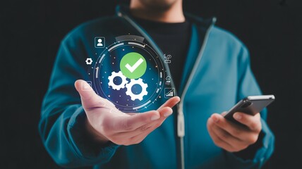 Businessman using smartphone with checkmark, gears, and data icons, representing success
