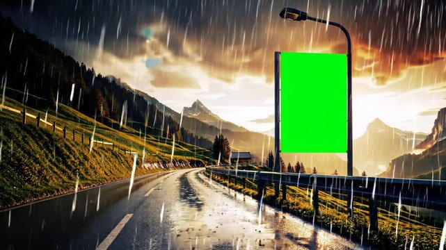 A blank green screen billboard on a wet, winding mountain road during a heavy rainstorm at sunset.
