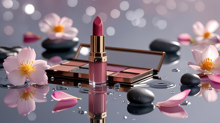 There is pink lipstick and an eyeshadow palette on the mirror surface.