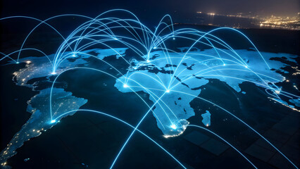 Electric Blue Light Trails Forming a Global Network Abstract World Map Night Cityscape Background globe