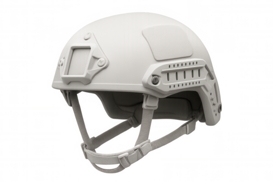 Studio shot of white tactical helmet isolated on transparent background, showcasing protection and safety