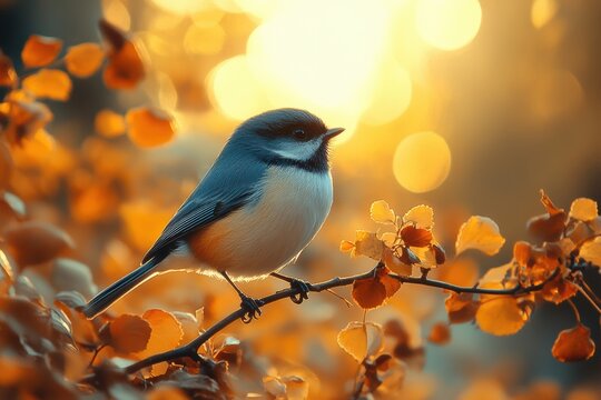 Colorful bird perched on a branch during sunset in a serene autumn setting