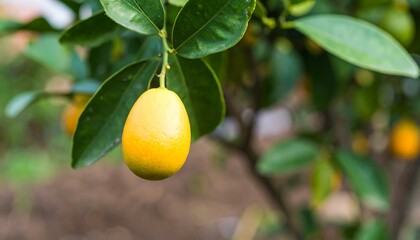 Close-up of a citrus fruit hanging from a branch.