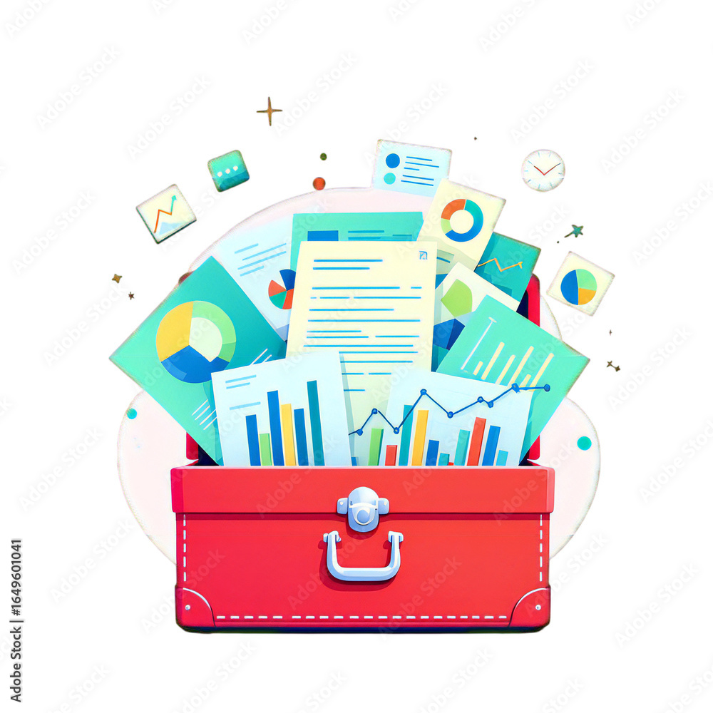 Poster business analytics and financial data presented in a red briefcase, isolated on transparent backgrou