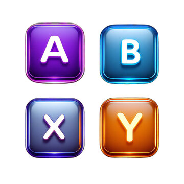 Four glossy, translucent game controller buttons labeled a, b, x, and y, arranged in a 2x2 grid, isolated on a transparent background