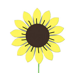 A simple, flat illustration of a yellow sunflower with a brown center and distinct petals, isolated on a transparent background, showcasing its natural beauty and vibrant summer essence