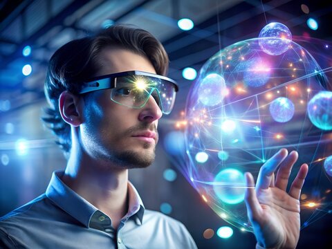 Man wearing augmented reality glasses interacting with a virtual globe of data and connections
