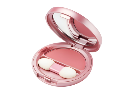 Open Pink Blush Compact with Mirror and Applicator for Makeup.