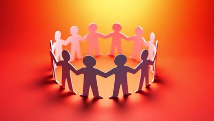 A circle of paper-cut people on a red background. A conceptual image of teamwork, unity, and community collaboration. Symbol of global solidarity and friendship. Generative Ai.