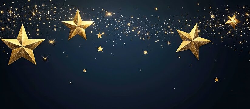 Gold stars and glittering confetti on a dark navy blue background - Powered by Adobe