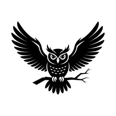 Obraz premium black and white silhouette of flying owl with spread wings vector illustration minimalist design