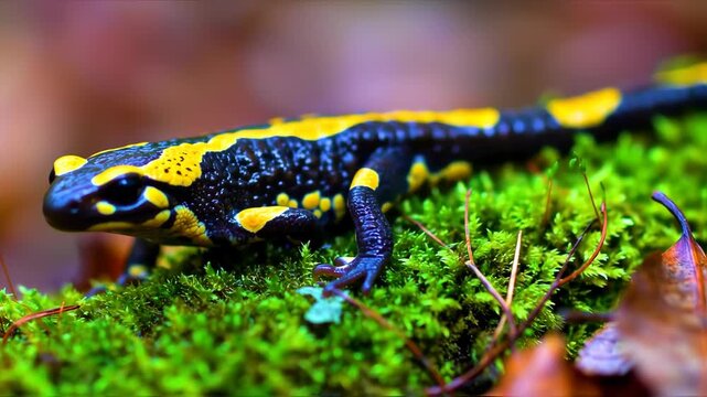 Close-up of a colorful salamander on mossy ground