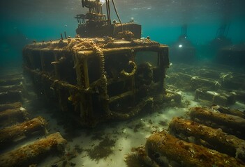 Sunken submarine parts and naval weapons resting on the ocean floor, remnants of past maritime conflicts.
