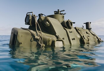 Sunken submarine parts and naval weapons resting on the ocean floor, remnants of past maritime conflicts.
