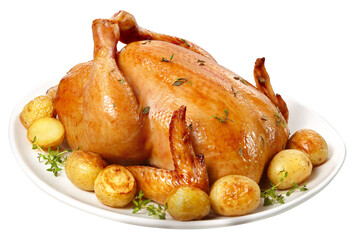 prato com frango assado acompanhado de batatas rústicas assadas isolado em fundo transparente