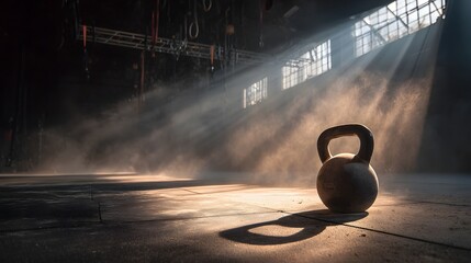 Kettlebell surrounded by chalk dust in a sunlit gym