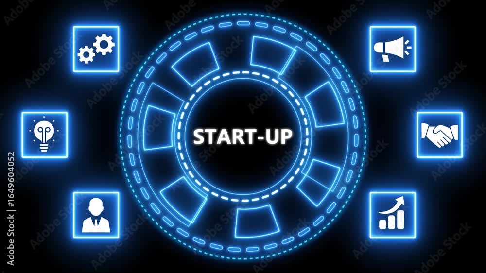 Poster animated neon graphics of start up icons within futuristic technology concept.