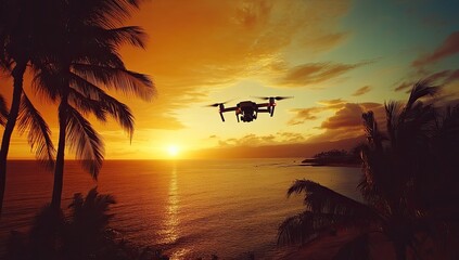 Obraz premium Drone soars above tropical sunset