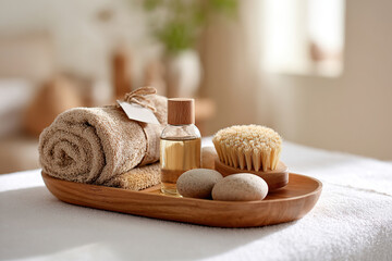 Relaxing spa setup with natural elements and soothing materials on a wooden tray