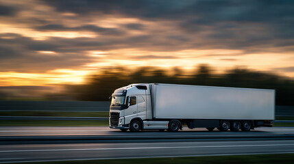Logistics Modern White Semi-Truck Driving on Highway at Sunset. Ai gen.
