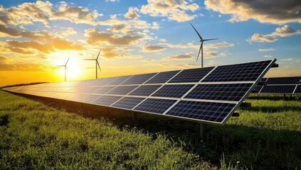 Solar panels and wind turbines at sunset. Green grass field