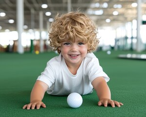 A young child with curly blonde hair and bright eyes smiles while lying on the floor, next to a golf ball in a spacious indoor setting with green surfaces