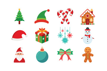 Christmas Vector Icon Pack – Santa, Elf, Tree, Reindeer, Lights, Hat, Gifts, and Decorative Holiday Elements 
