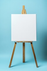Blank white canvas on a wooden easel against a light-blue background