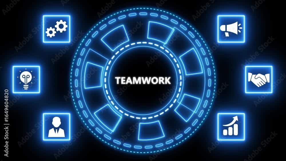 Poster abstract teamwork concept with illuminated icons and central text on black background